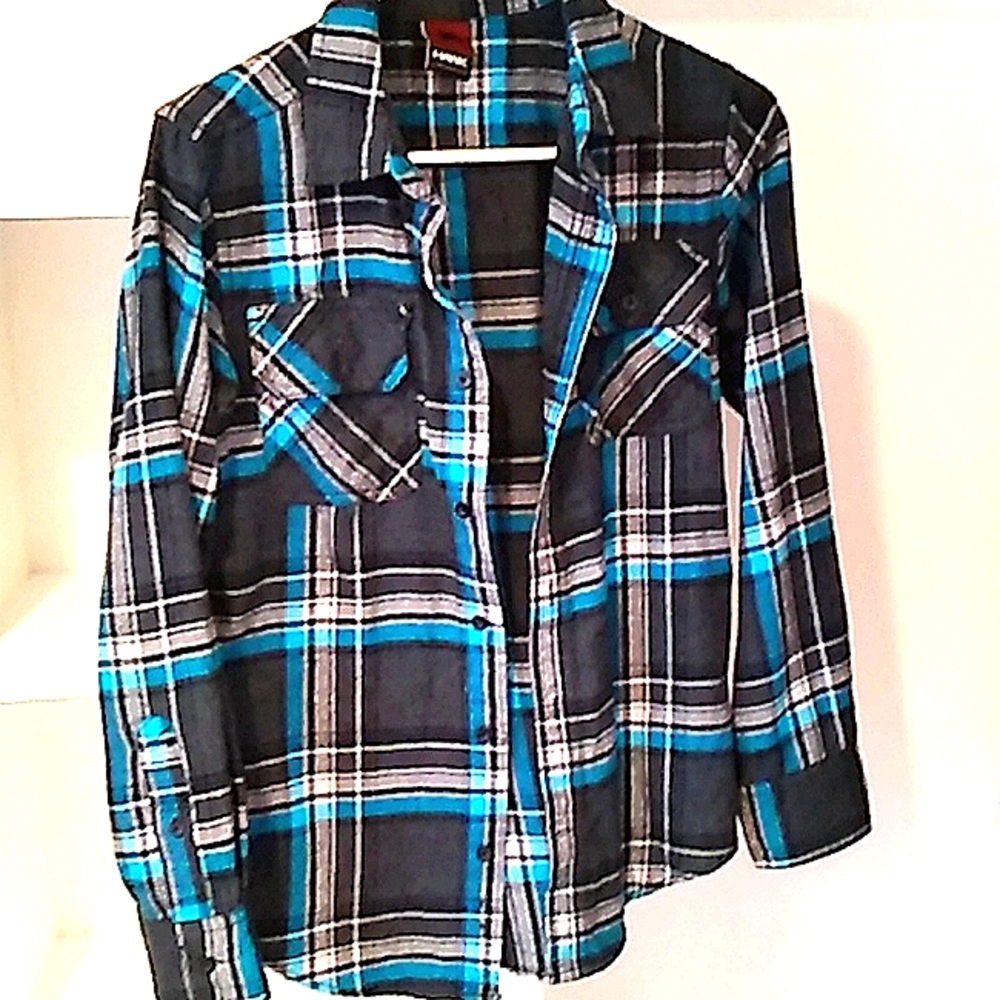 gray & blue flannel, brand: hawk, size: L